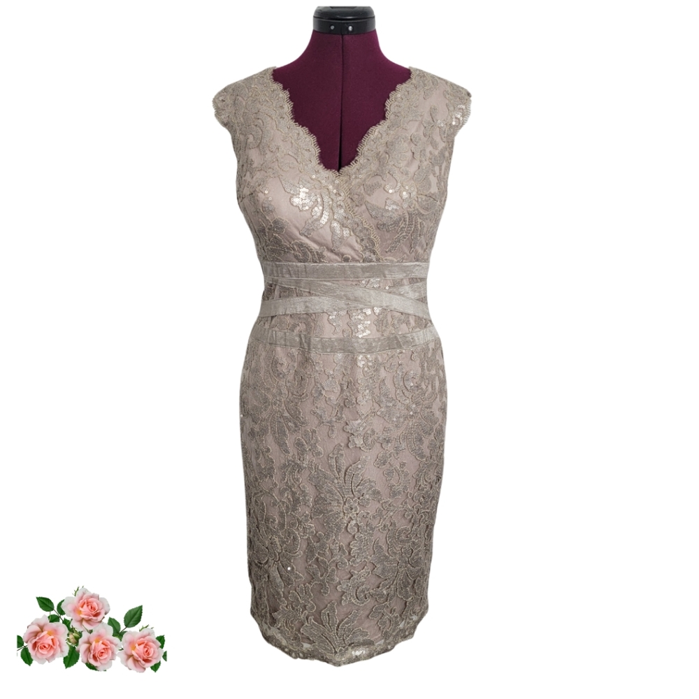 Tadashi Shoji Cocktail Sheath Bodycon Shiny Sequin Smokey Lt. Brown Dress Size 8